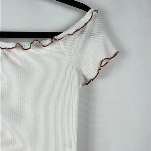 love, Fire White Rainbow Ruffled Off Shoulder Crop Top - Picture 5 of 15